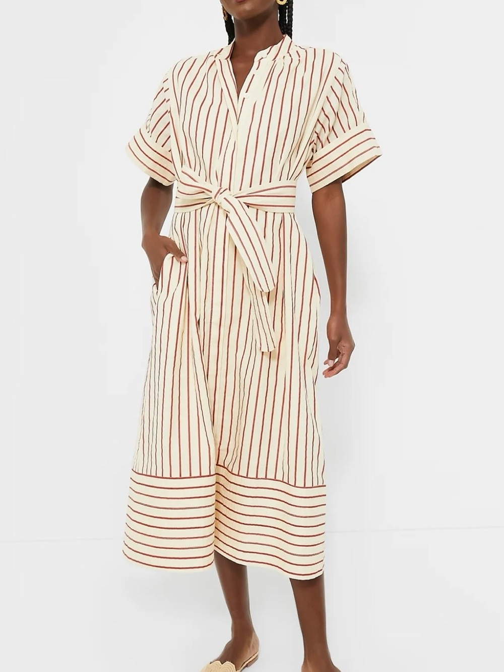 Tuckernuck Scarlett Prescott Dress Cream and Rust Striped Tie-Waist Midi Dress